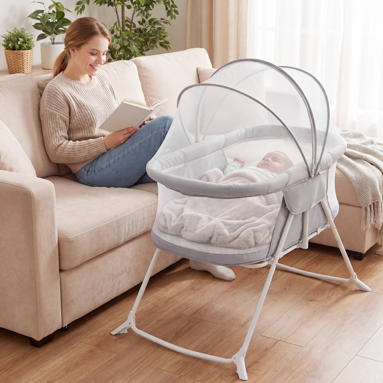 Beige 2-in-1 baby bassinet with rocking motion and foldable design, featuring breathable mesh for nursery sleep comfort.