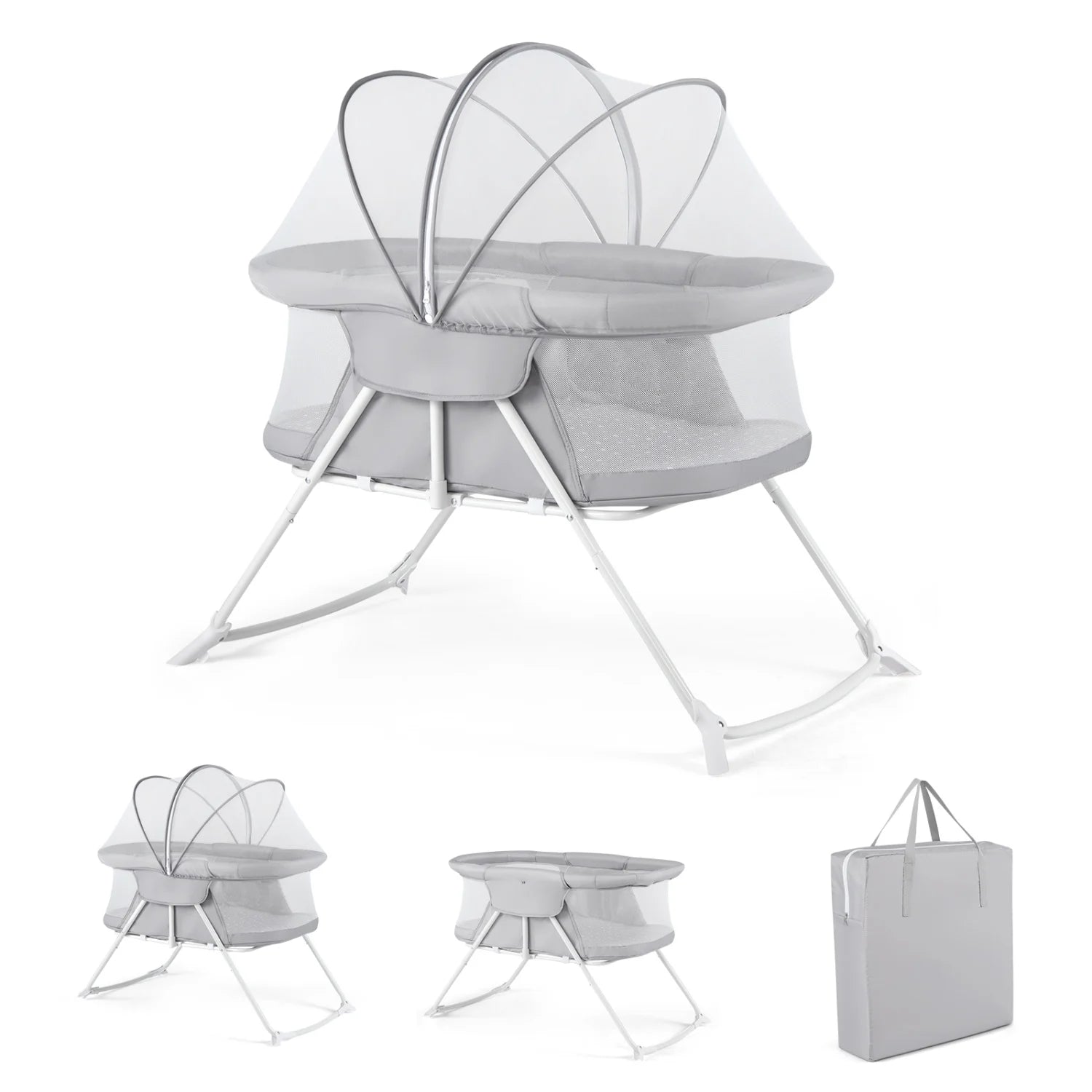 Beige 2-in-1 baby bassinet with rocking motion and breathable mesh, foldable bedside sleeper for nursery use.