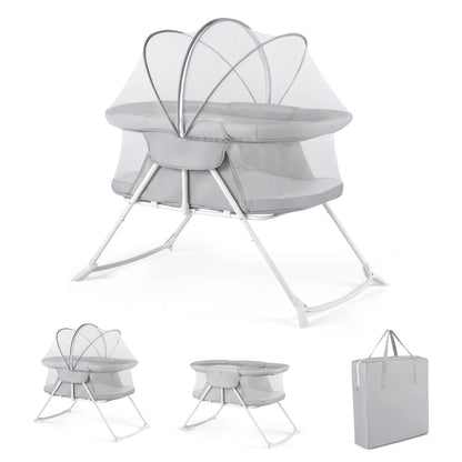 Beige 2-in-1 baby bassinet with rocking motion and breathable mesh, foldable bedside sleeper for nursery use.