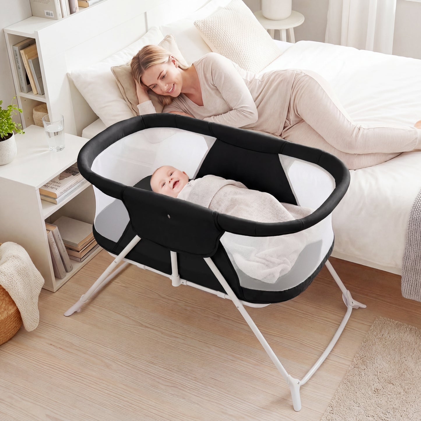 Beige 2-in-1 baby bassinet with rocking motion and breathable mesh, foldable bedside sleeper designed for nursery comfort.