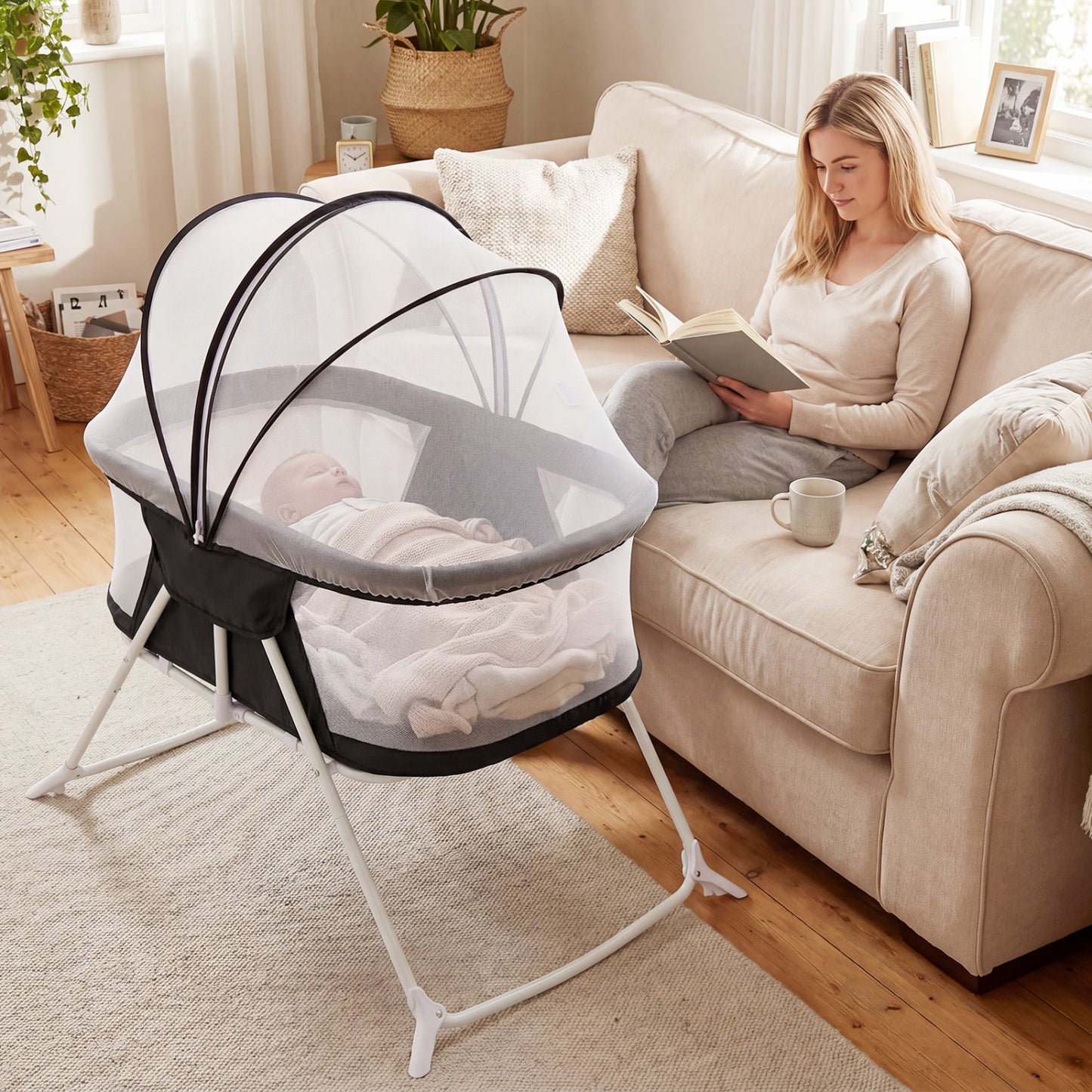 Beige 2-in-1 baby bassinet with rocking motion and breathable mesh, foldable bedside sleeper for nursery use.