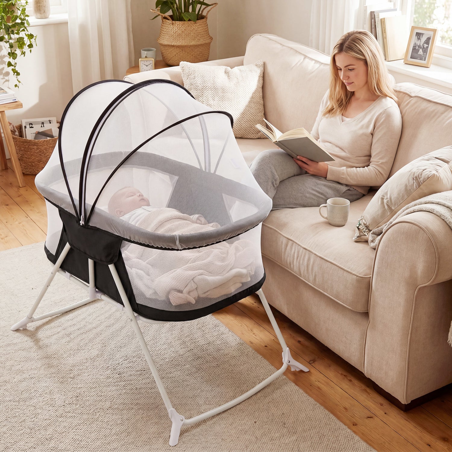 Beige 2-in-1 baby bassinet with rocking motion and breathable mesh, foldable bedside sleeper for nursery use.