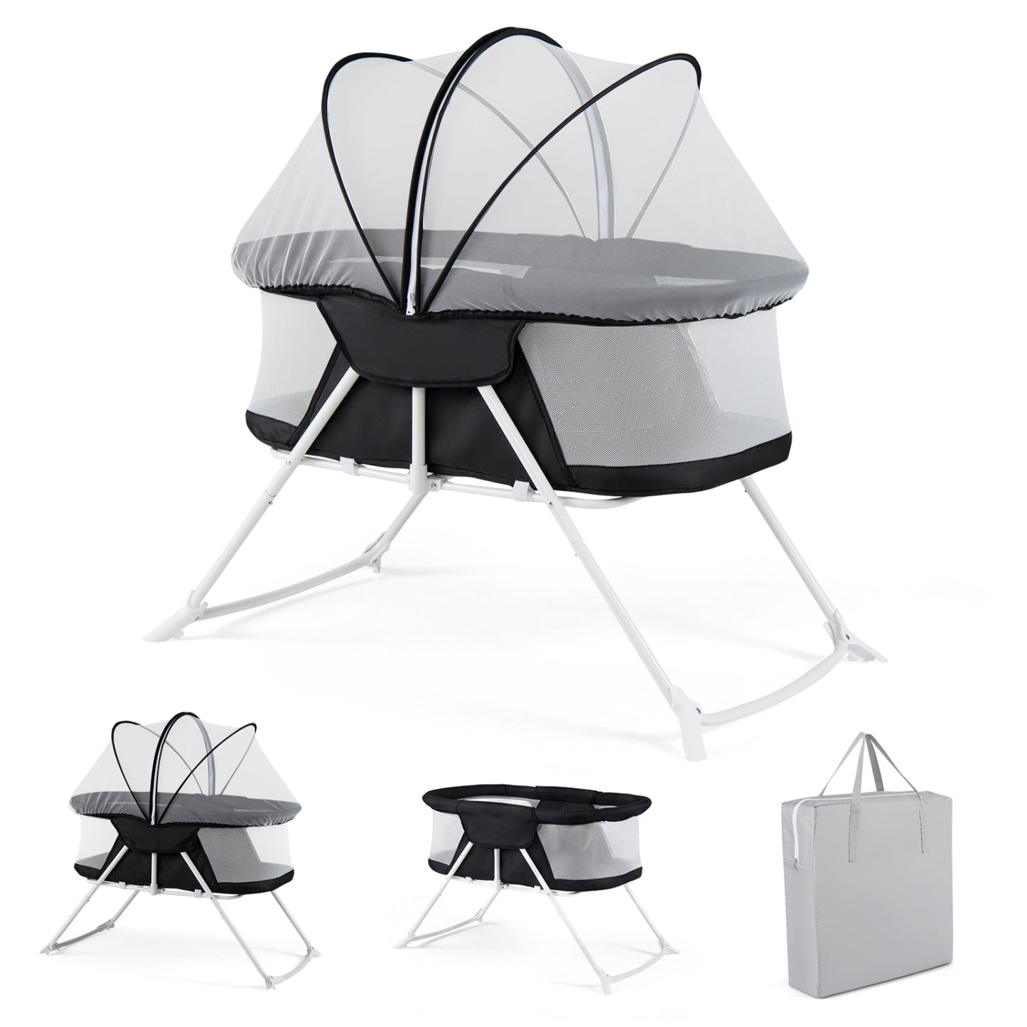 Beige 2-in-1 baby bassinet with rocking motion and breathable mesh, foldable bedside sleeper for nursery use.