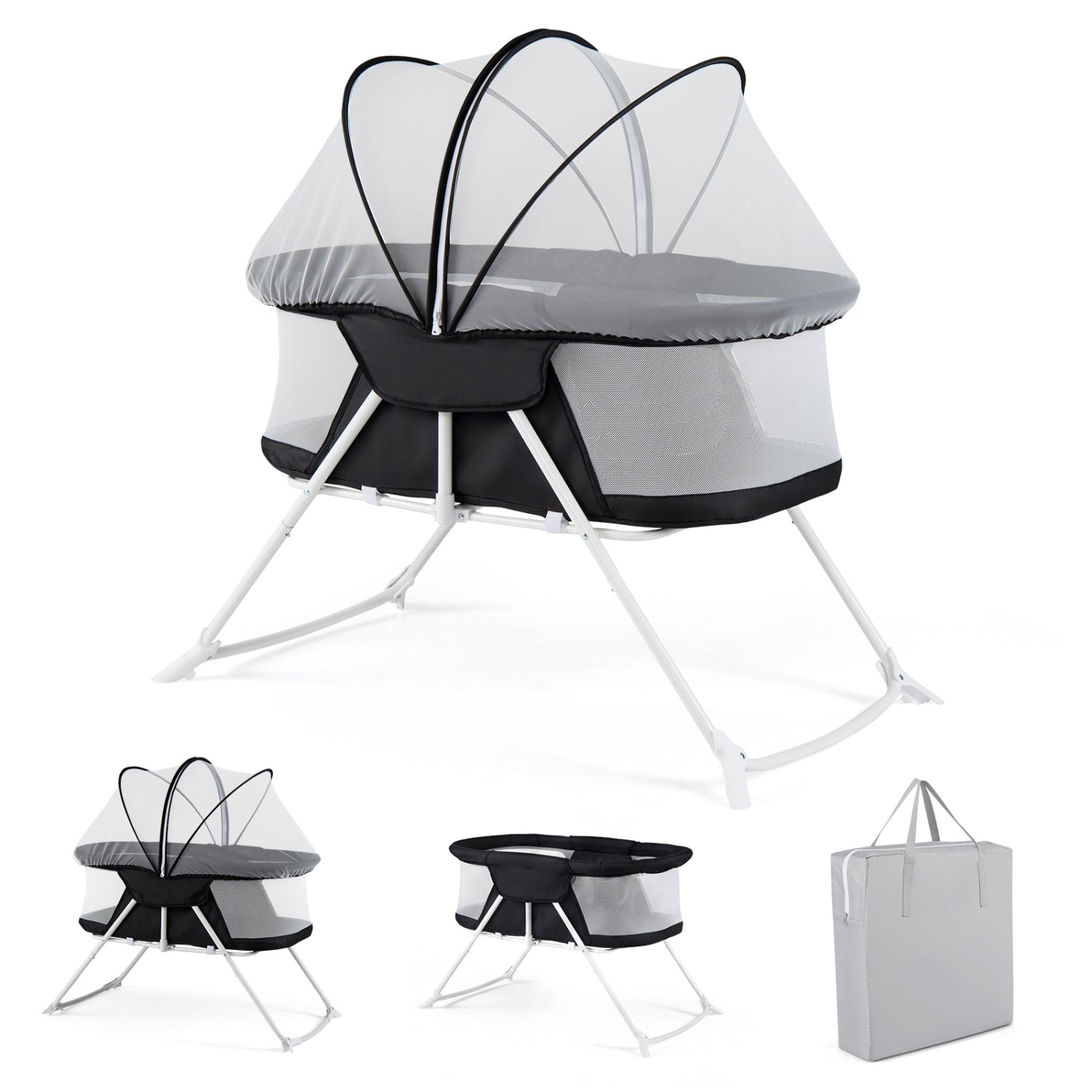 Beige 2-in-1 baby bassinet with rocking motion and breathable mesh, foldable bedside sleeper for nursery use.