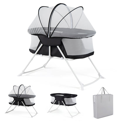 Beige 2-in-1 baby bassinet with rocking motion and breathable mesh, foldable bedside sleeper for nursery use.