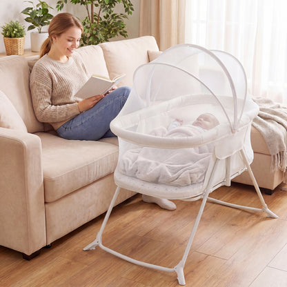 Beige 2-in-1 baby bassinet with rocking motion and breathable mesh, foldable bedside sleeper for nursery use.