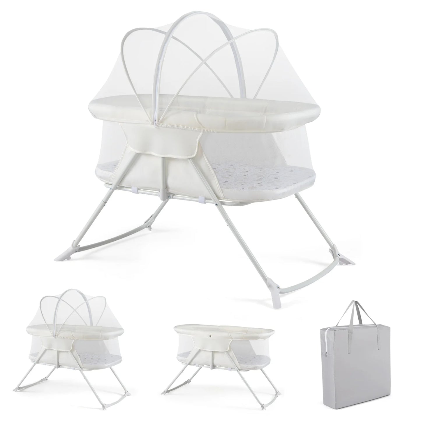 Beige 2-in-1 baby bassinet with rocking motion and breathable mesh, foldable bedside sleeper for nursery comfort.
