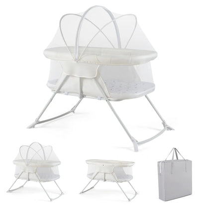 Beige 2-in-1 baby bassinet with rocking motion and breathable mesh, foldable bedside sleeper for nursery comfort.