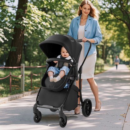 2-in-1 Baby Stroller with Bassinet Mode and Reversible Seat-Black