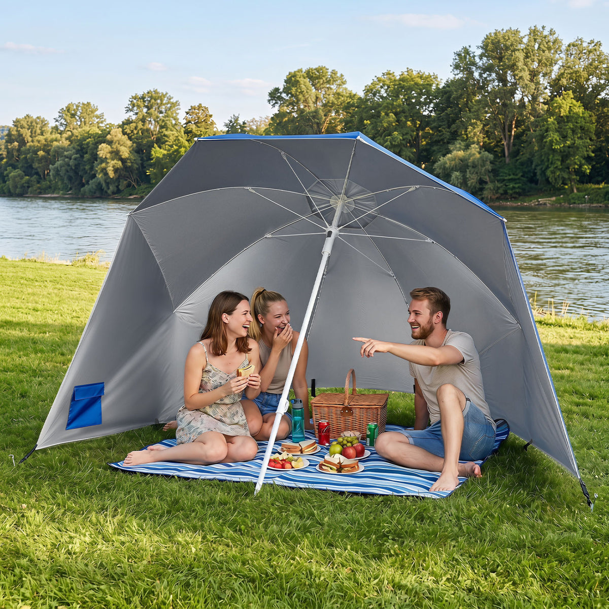 Blue 2-in-1 beach shelter umbrella with side panels, UPF 50+ sun protection, suitable for camping and picnics, by Wilsons Home Store.