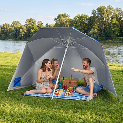 Blue 2-in-1 beach shelter umbrella with side panels, UPF 50+ sun protection, suitable for camping and picnics, by Wilsons Home Store.