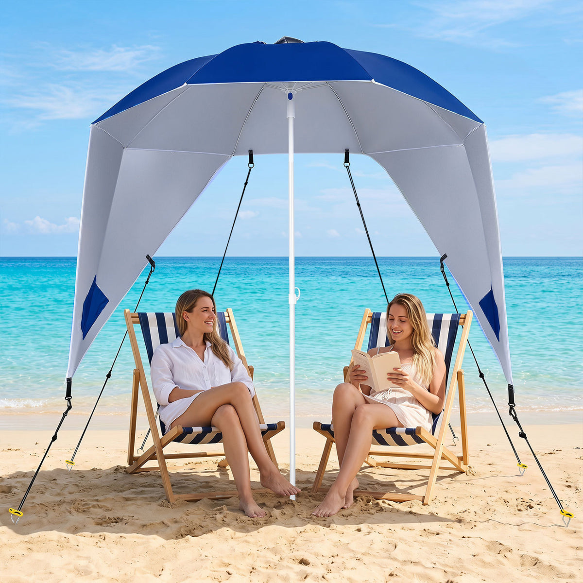 Blue 2-in-1 beach shelter umbrella with UPF 50+ sun protection and side panels, ideal for camping and picnics.