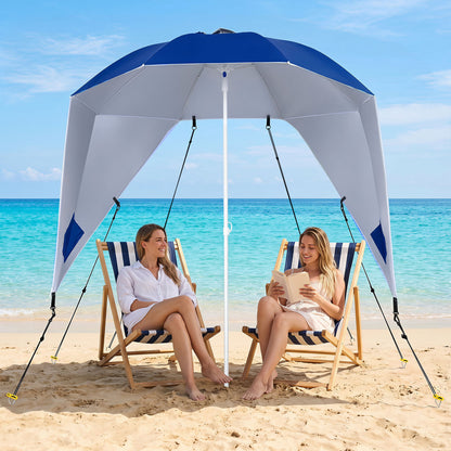 Blue 2-in-1 beach shelter umbrella with UPF 50+ sun protection and side panels, ideal for camping and picnics.