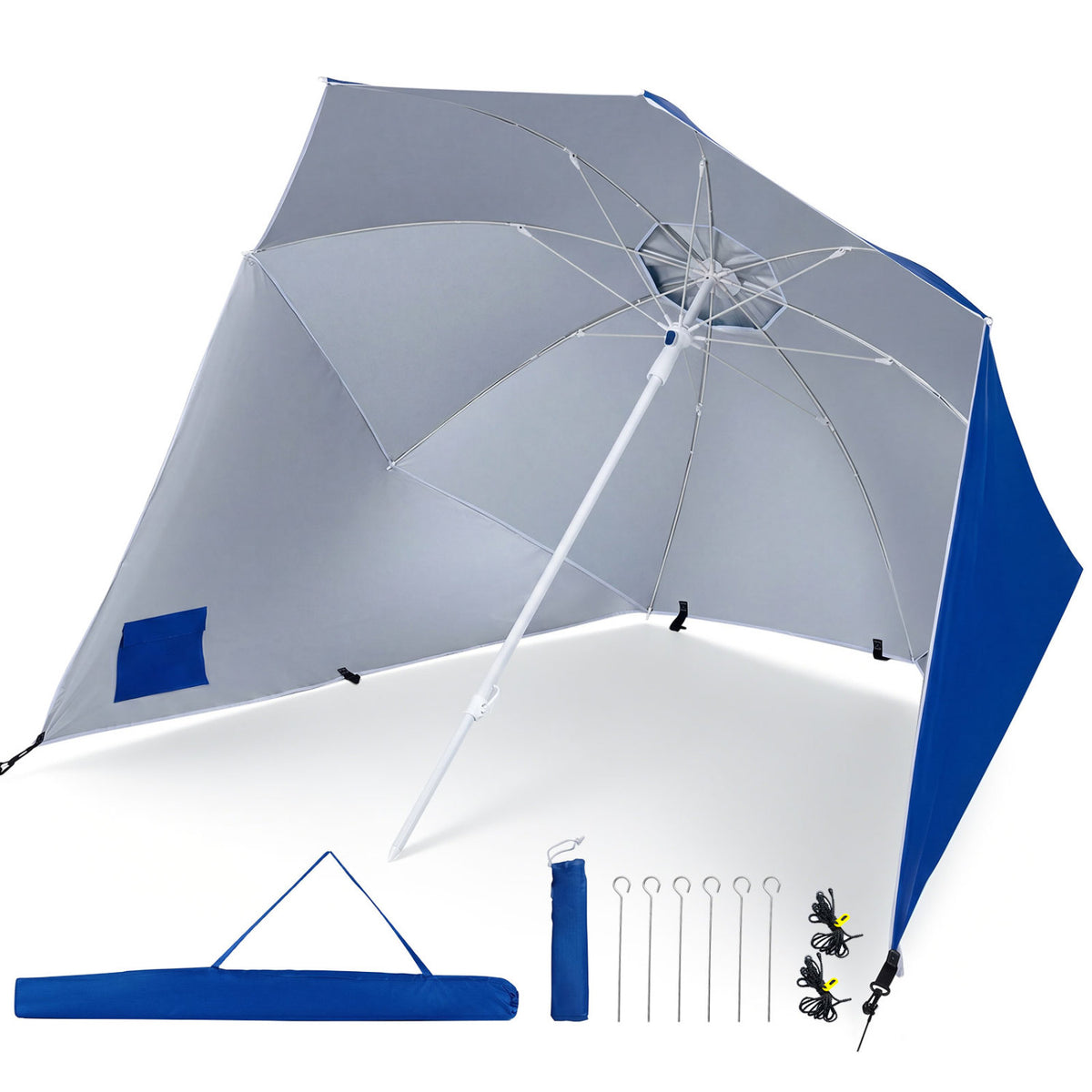Blue 2-in-1 beach shelter umbrella with UPF 50+ protection and side panels, ideal for camping and picnics.