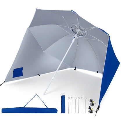 Blue 2-in-1 beach shelter umbrella with UPF 50+ protection and side panels, ideal for camping and picnics.