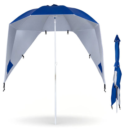 Blue 2-in-1 beach shelter umbrella with UPF 50+ sun protection and side panels, ideal for camping and picnics.