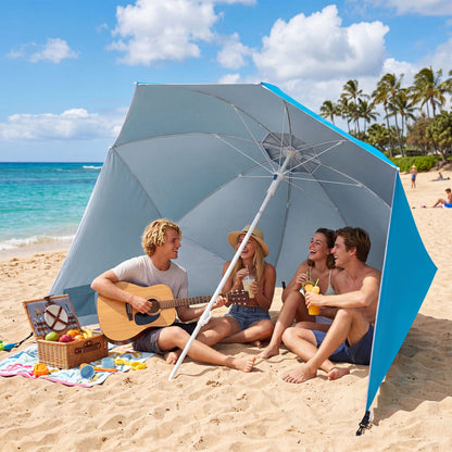 Blue 2-in-1 beach shelter umbrella with side panels, UPF 50+ UV protection for camping and picnics, by Wilsons Home Store.