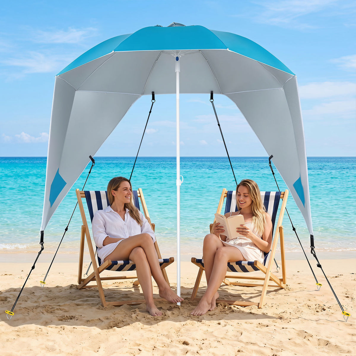 Blue 2-in-1 beach shelter umbrella with UPF 50+ sun protection and side panels, perfect for camping and picnics.