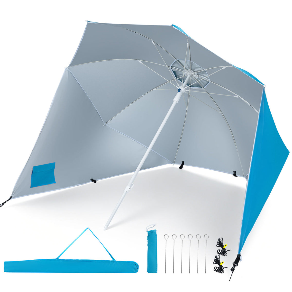 Blue 2-in-1 beach shelter umbrella with UPF 50+ sun protection and side panels, ideal for camping and picnics.