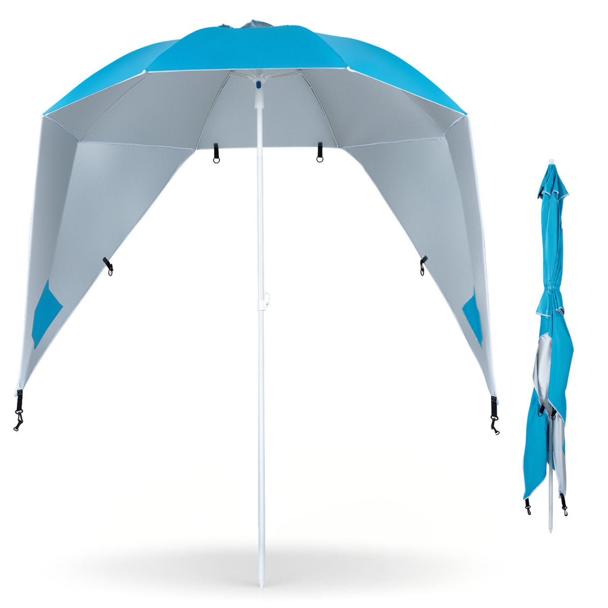 Blue 2-in-1 beach shelter umbrella with UPF 50+ sun protection and side panels, ideal for camping and picnics.