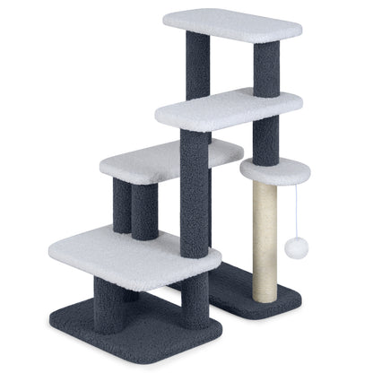 2-in-1 Cat Stairs Cat Tree Tower with Scratching Posts and Hanging Toy Ball-Gray