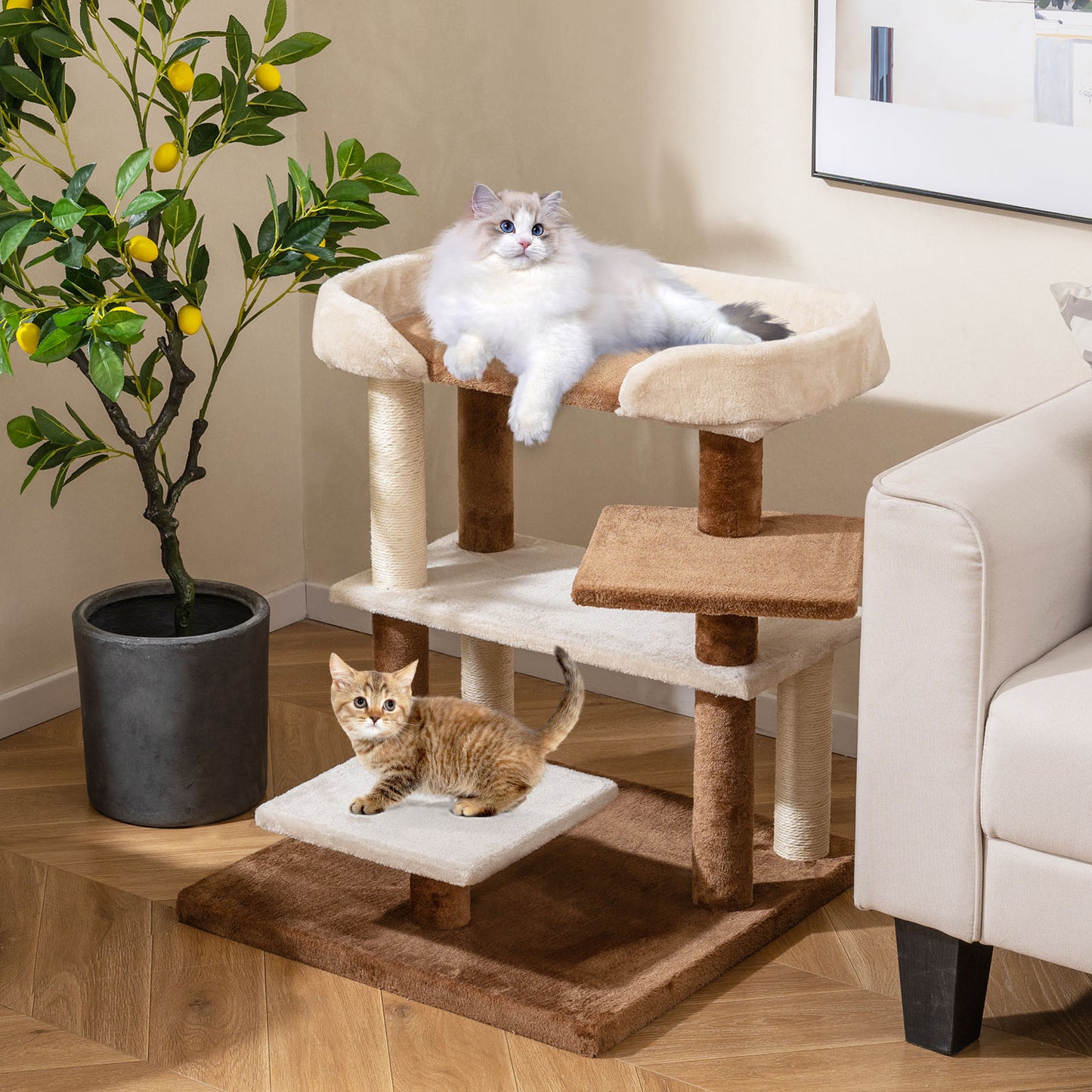 2-in-1 Cat Tree Tower Pet Steps with Sisal Scratching Posts and 4 Large Platforms-Brown