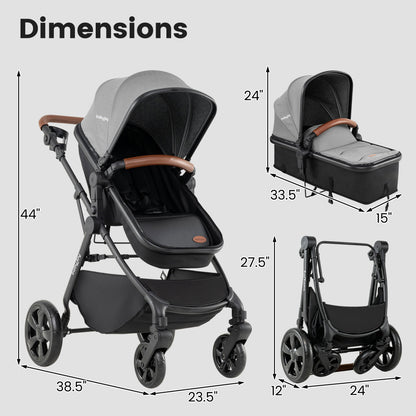 2-in-1 Convertible Baby Stroller with Car Seat Adapters-Black