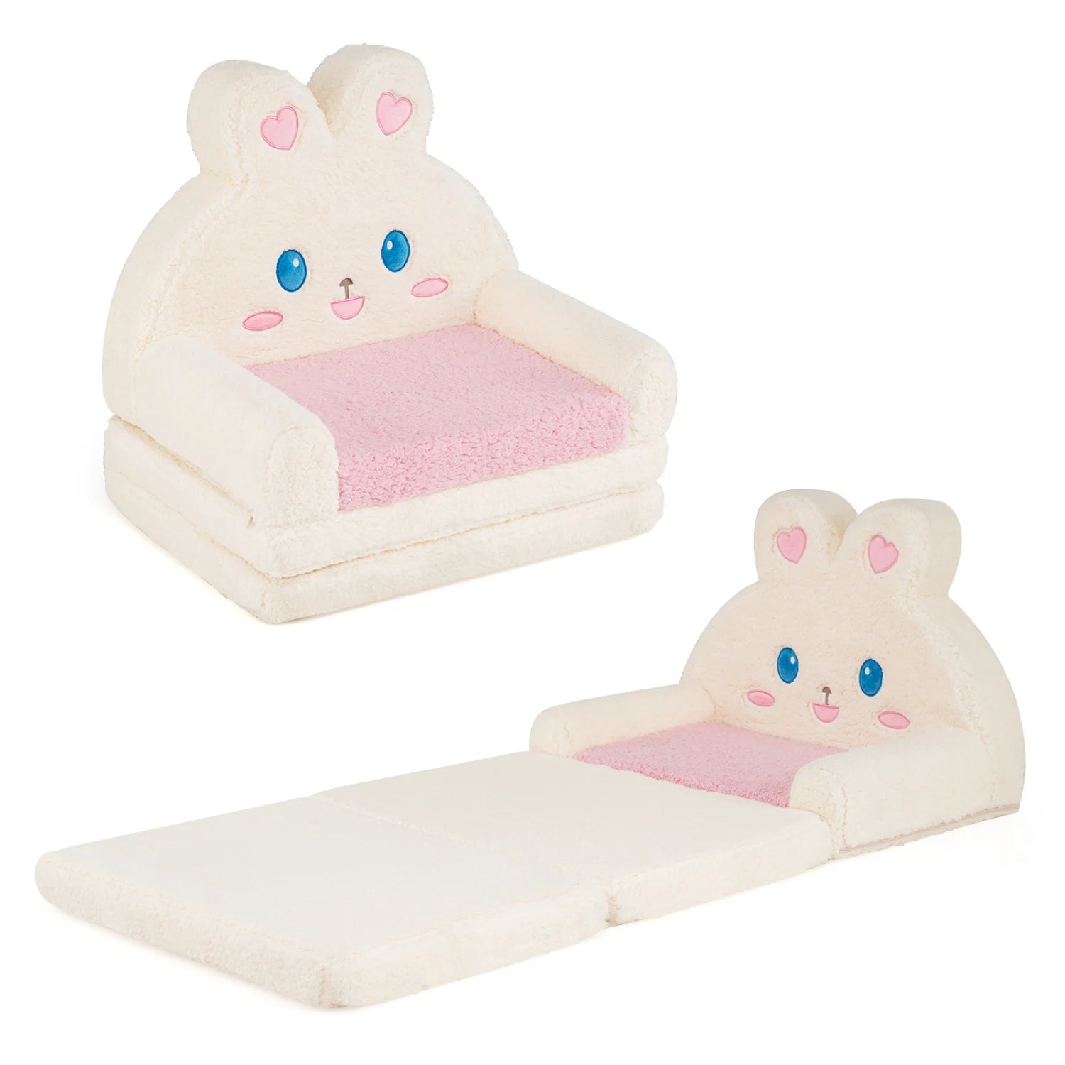 Pink 2-in-1 convertible kids sofa and lounger with bunny pattern, toddler furniture from Wilsons Home Store.
