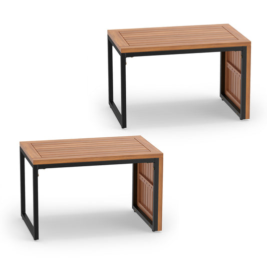 Pair of 2-in-1 convertible acacia wood patio side tables set for outdoor living, versatile coffee and side tables for patio.