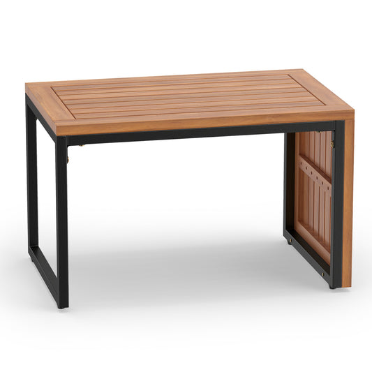 Convertible acacia wood patio side table, 2-in-1 outdoor coffee table with adjustable height, ideal for outdoor patio spaces.