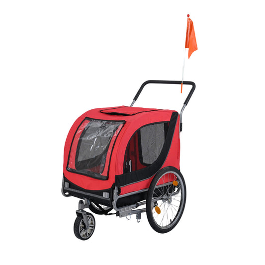 Red 2-in-1 dog bike trailer with universal bicycle coupler, suitable for pets and easy to attach to bicycles.