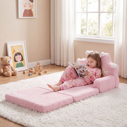 2-in-1 Foldable Kids Sofa Bed with Washable Removable Slipcover for Toddlers-Pink