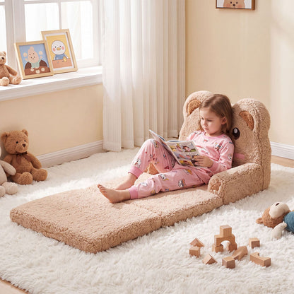 2-in-1 Foldable Kids Sofa Bed with Washable SlipcoverBear and Printed Designs for Toddlers-Brown