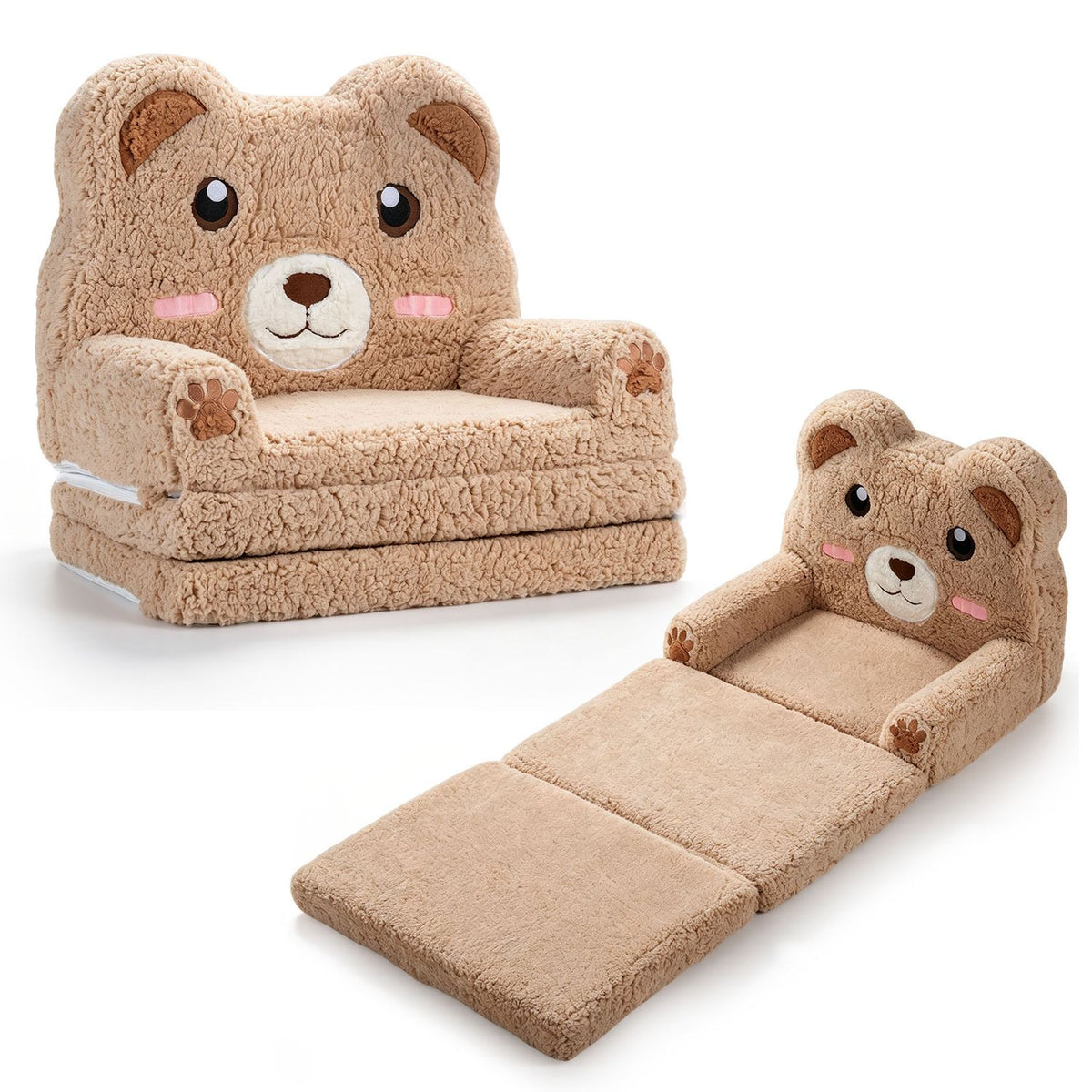 2-in-1 Foldable Kids Sofa Bed with Washable SlipcoverBear and Printed Designs for Toddlers-Brown
