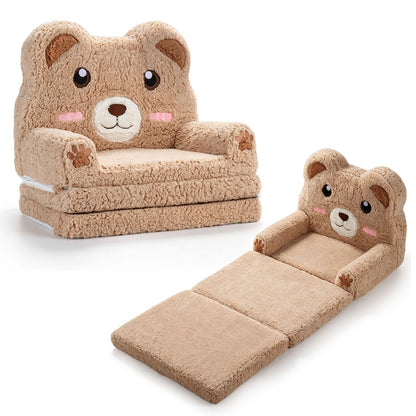 2-in-1 Foldable Kids Sofa Bed with Washable SlipcoverBear and Printed Designs for Toddlers-Brown