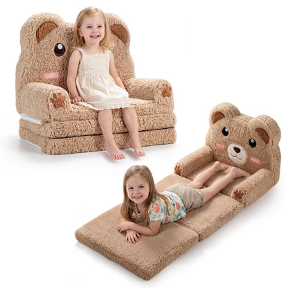 2-in-1 Foldable Kids Sofa Bed with Washable SlipcoverBear and Printed Designs for Toddlers-Brown