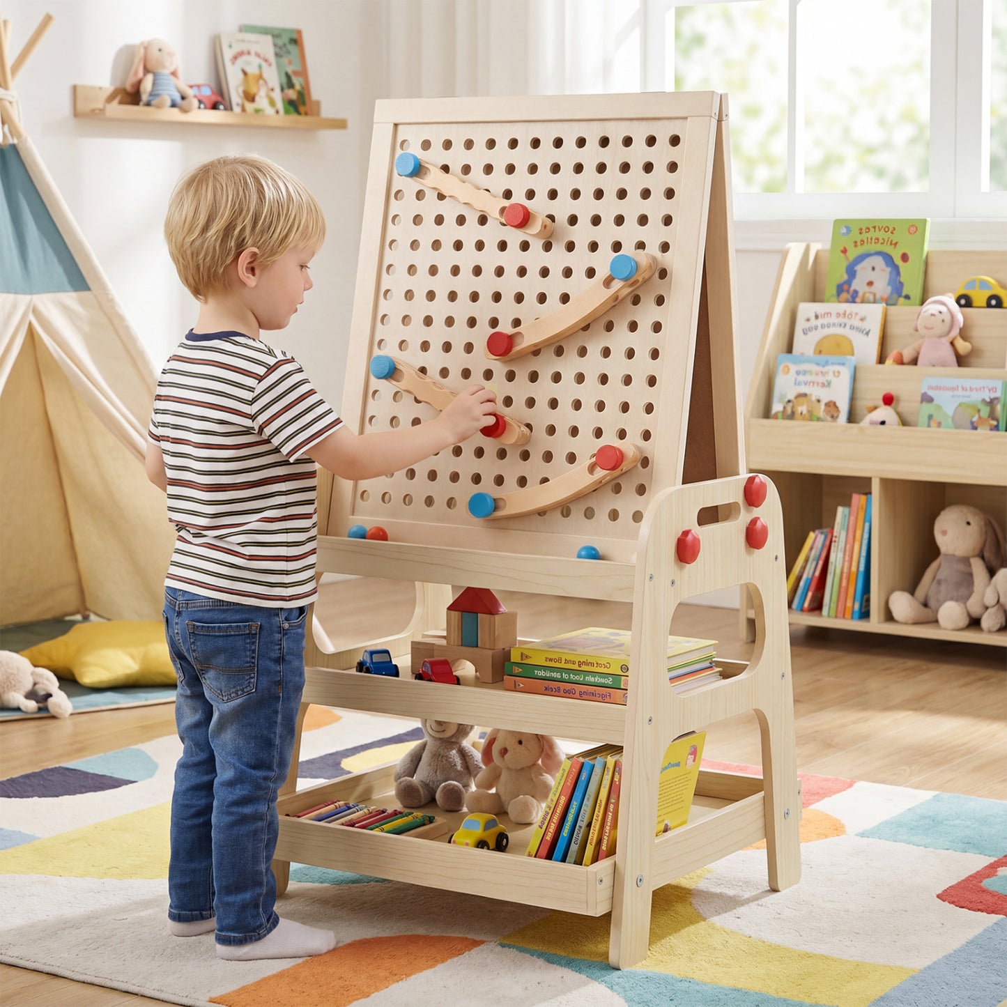 Kids 2-in-1 art easel with magnetic whiteboard and marble run game, natural wood finish, for creative play and learning.