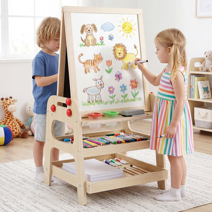Kids 2-in-1 art easel with magnetic whiteboard and marble run game, natural wood finish, versatile toy for creative play