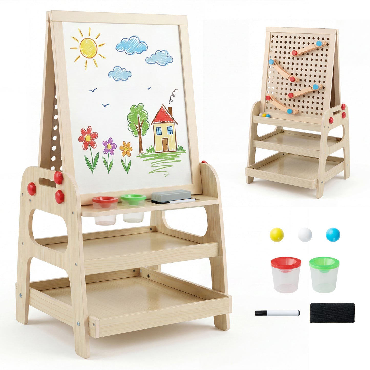 Kids art easel with magnetic whiteboard and marble run game, natural wood finish, versatile art and play toy for children.
