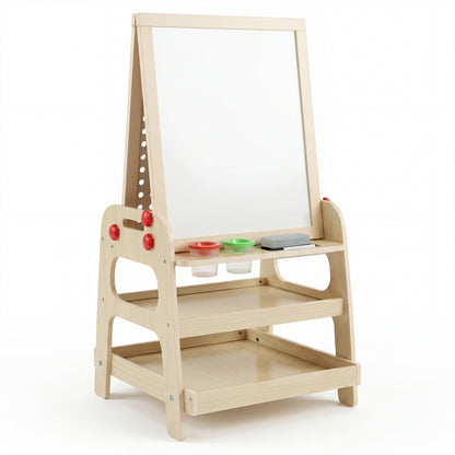 Kids 2-in-1 art easel with magnetic whiteboard and marble run game, natural wood finish, suitable for creative play and learning.