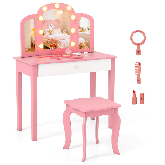 2-in-1 Kids Vanity Table Set with Tri-Folding Detachable Mirror and Lights-Pink