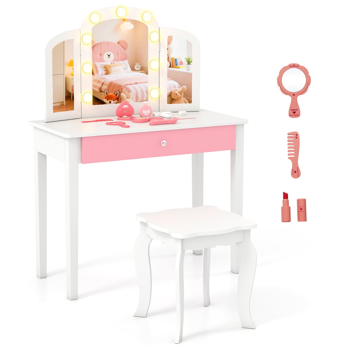 2-in-1 Kids Vanity Table Set with Tri-Folding Detachable Mirror and Lights-Pink