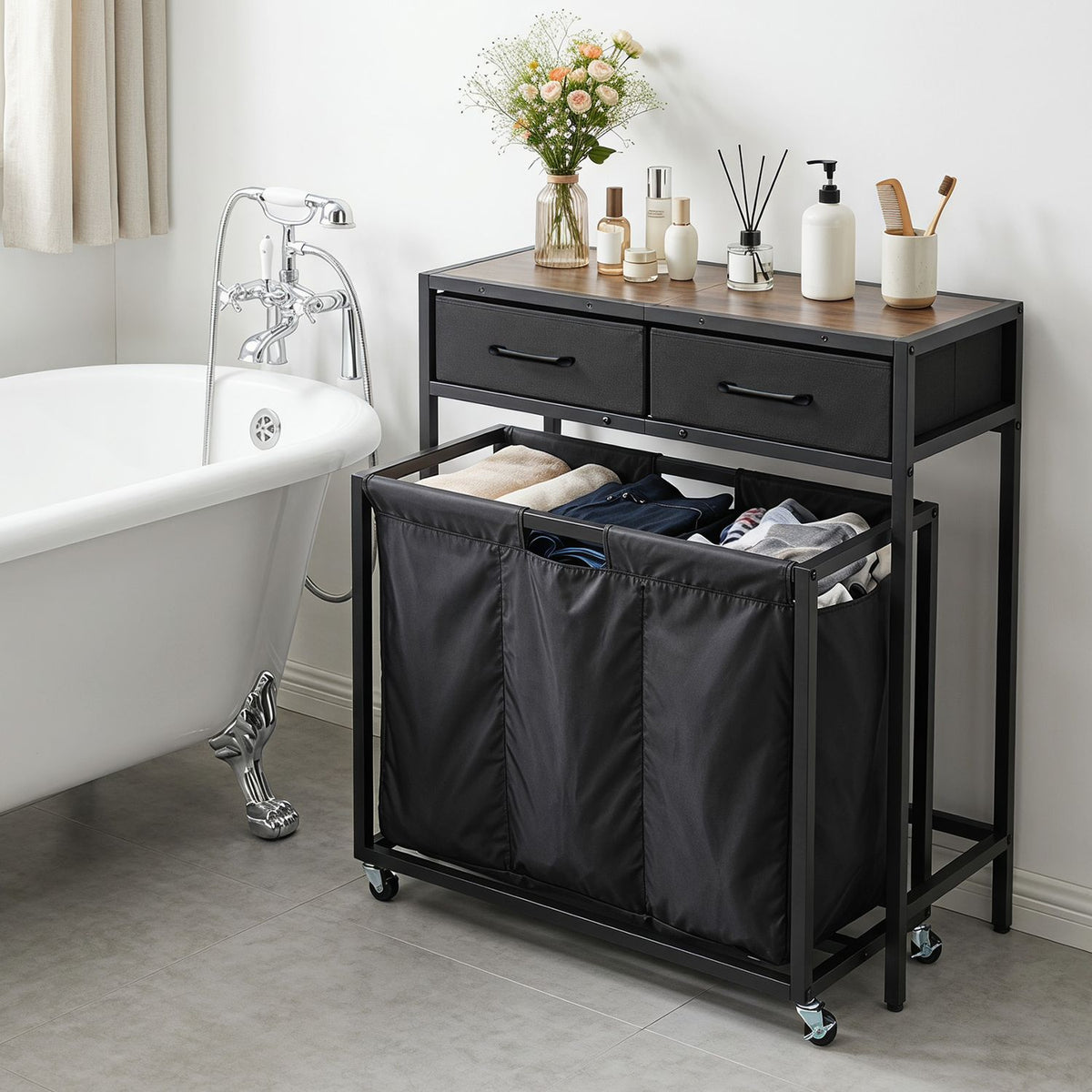 2-in-1 Laundry Basket Organizer with 2 Removable Fabric Drawers 3 Sections and Wheels-Black