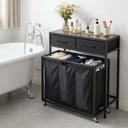 2-in-1 Laundry Basket Organizer with 2 Removable Fabric Drawers 3 Sections and Wheels-Black