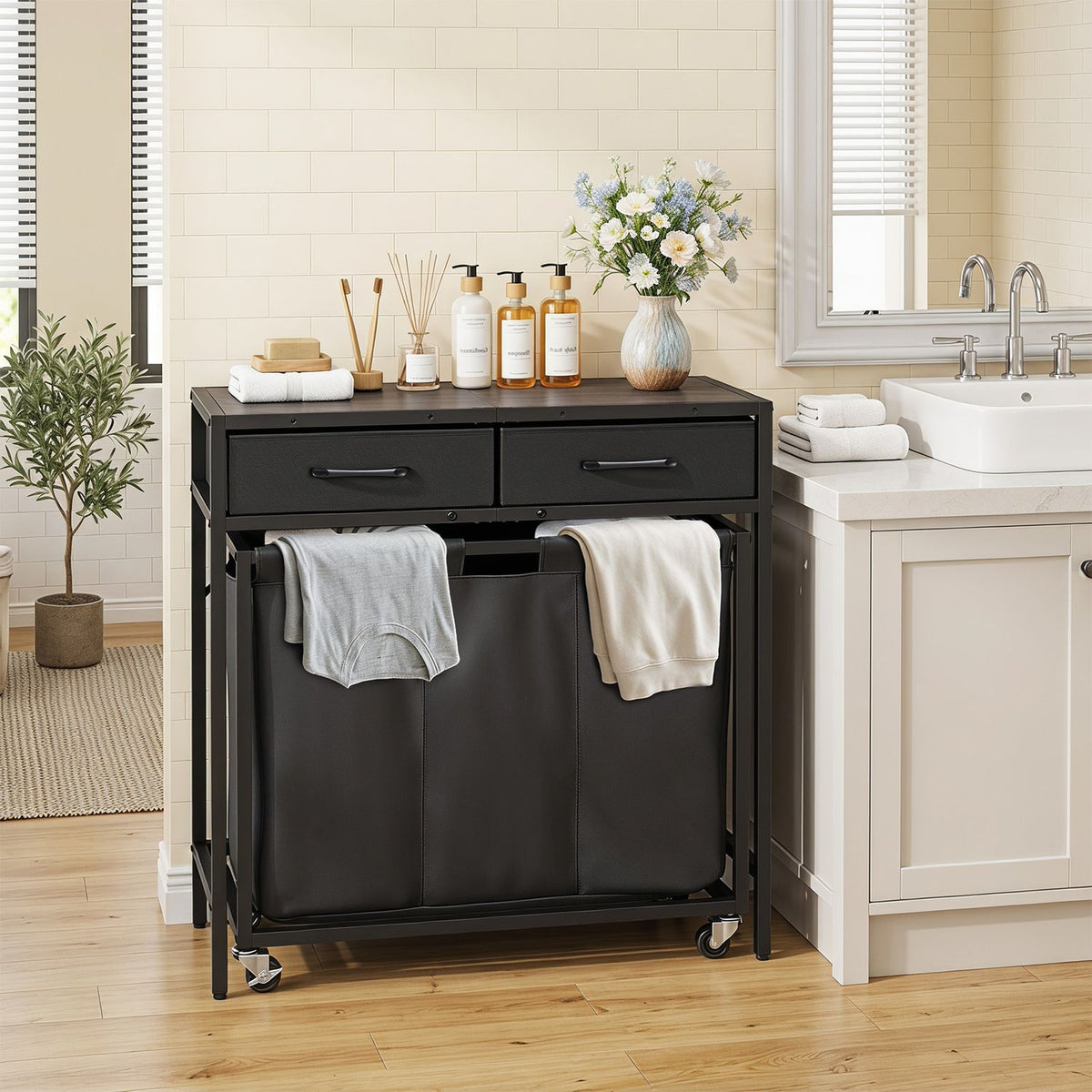 2-in-1 Laundry Basket Organizer with 2 Removable Fabric Drawers 3 Sections and Wheels-Black