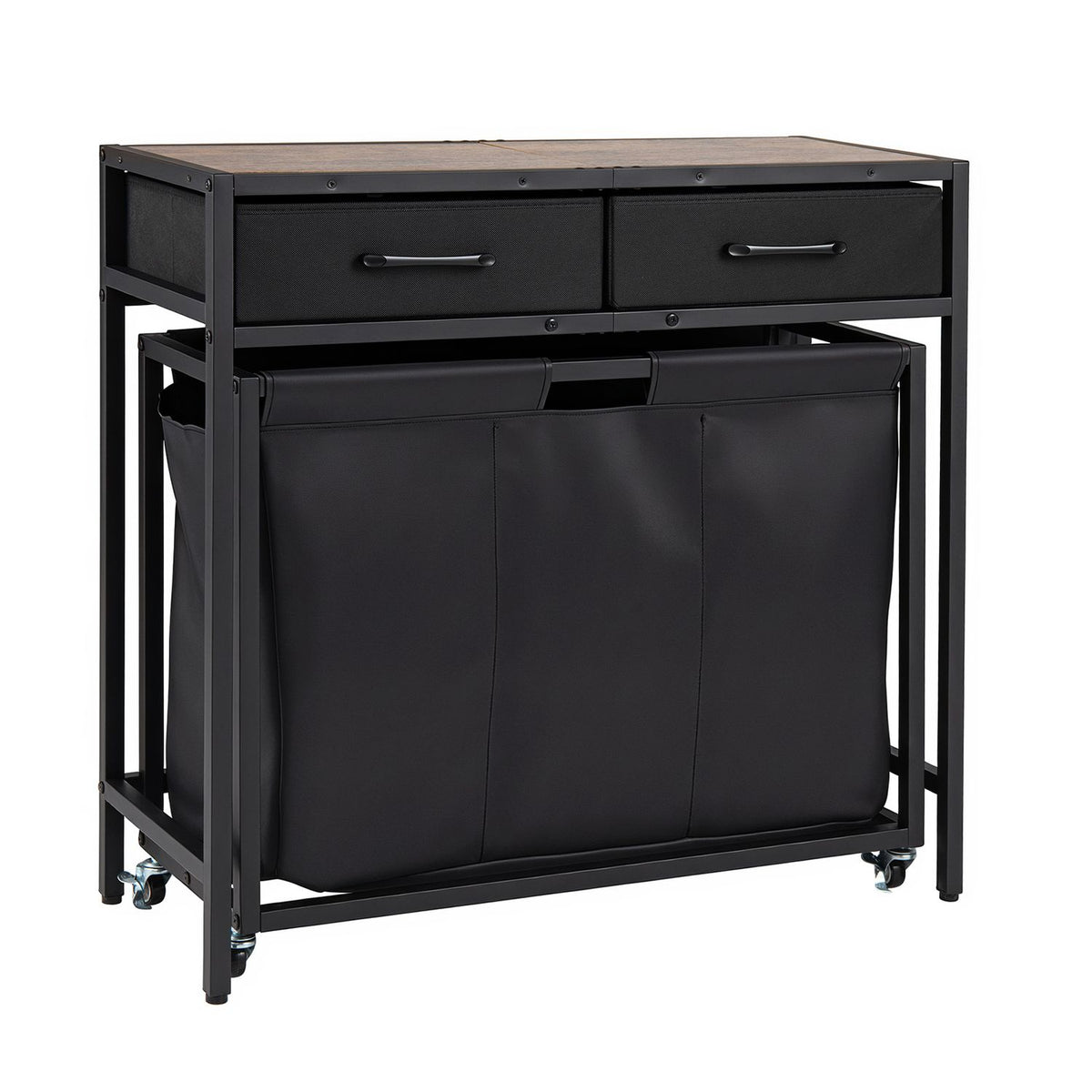2-in-1 Laundry Basket Organizer with 2 Removable Fabric Drawers 3 Sections and Wheels-Black