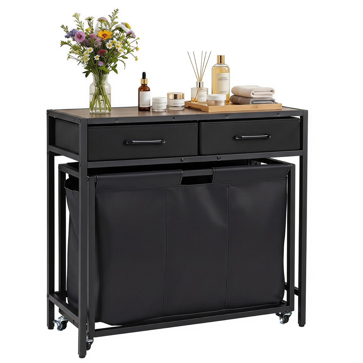 2-in-1 Laundry Basket Organizer with 2 Removable Fabric Drawers 3 Sections and Wheels-Black
