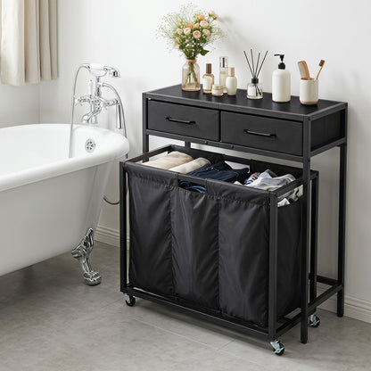 2-in-1 Laundry Basket Organizer with 2 Removable Fabric Drawers 3 Sections and Wheels-Black