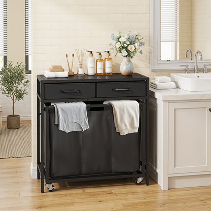 2-in-1 Laundry Basket Organizer with 2 Removable Fabric Drawers 3 Sections and Wheels-Black