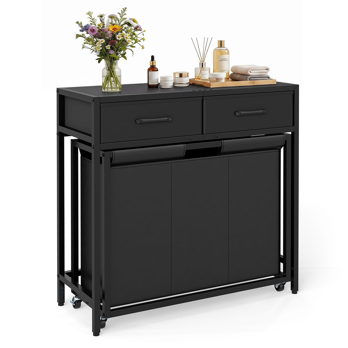 2-in-1 Laundry Basket Organizer with 2 Removable Fabric Drawers 3 Sections and Wheels-Black